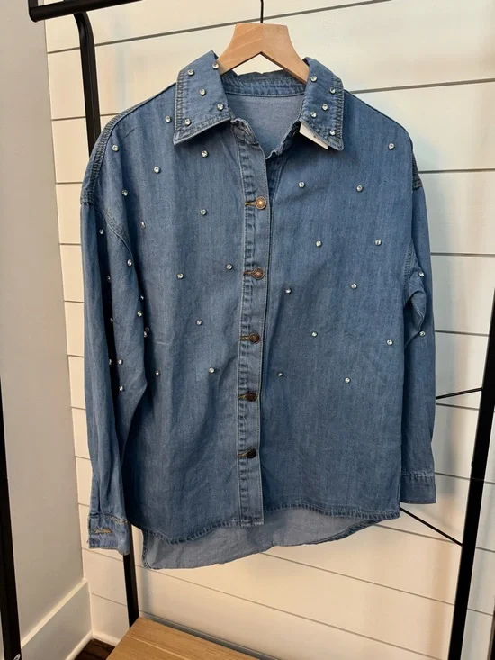 Oversized Blue Denim Pearl-Studded Button-Front Shirt - Picture 3 of 7